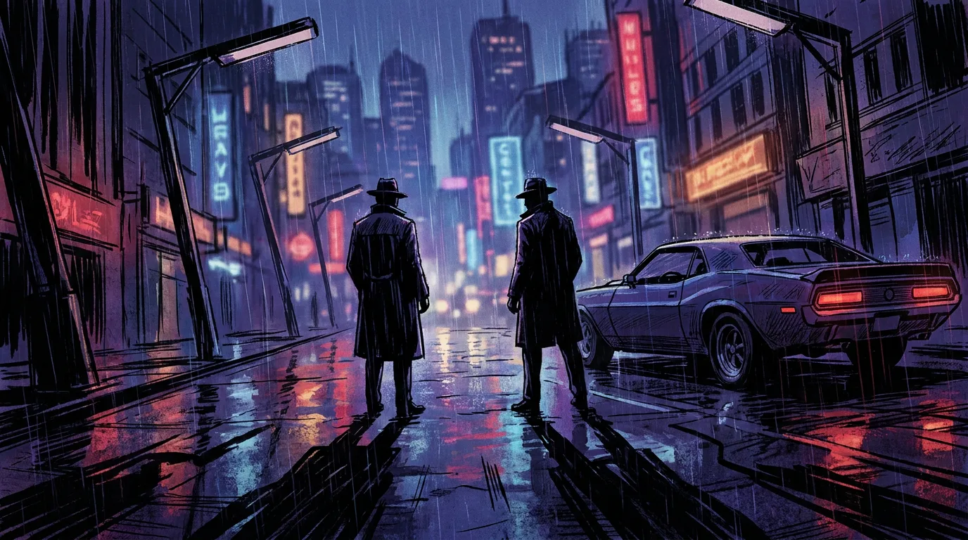 A stylized noir illustration of silhouetted figures beside a muscle car under neon streetlights on a rain-slick city night